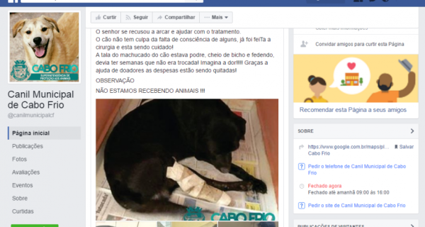 Canil de Cabo Frio ganha o Facebook e reforça que não está recebendo animais